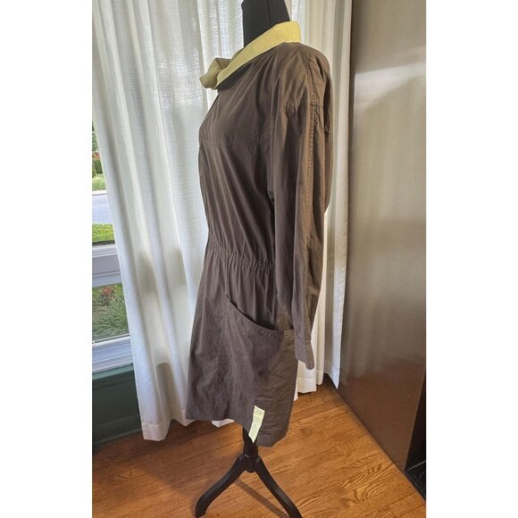 Vintage 80s dress, cocoa brown & yellow, asymmetrical collar, avant-garde style - Picture 2 of 10